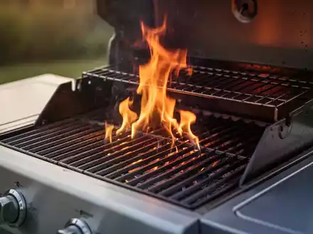 Ein moderner Grill mit sichtbaren Flammen, die Roststäbe sind leer. Der Fokus liegt auf der Hitze und dem Metall des Grills. - Foto: über boerse-global.de
