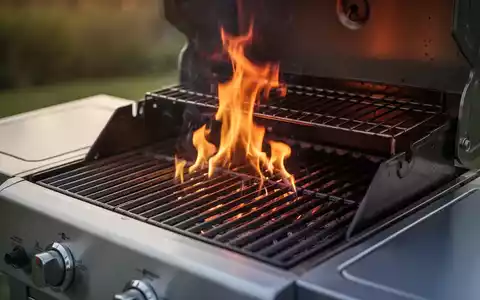 Ein moderner Grill mit sichtbaren Flammen, die Roststäbe sind leer. Der Fokus liegt auf der Hitze und dem Metall des Grills. - Foto: über boerse-global.de