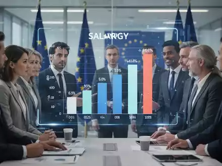 Geschäftsleute betrachten einen digitalen Bildschirm mit Gehaltsspannen und einem EU-Flaggenmotiv im Hintergrund. - Foto: über boerse-global.de