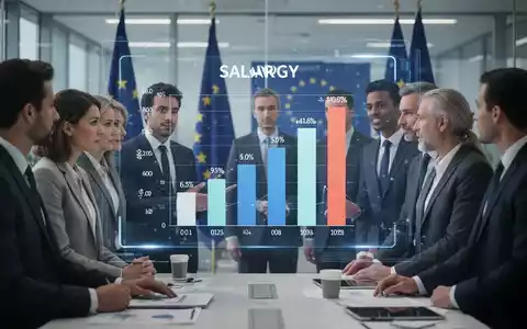 Geschäftsleute betrachten einen digitalen Bildschirm mit Gehaltsspannen und einem EU-Flaggenmotiv im Hintergrund. - Foto: über boerse-global.de