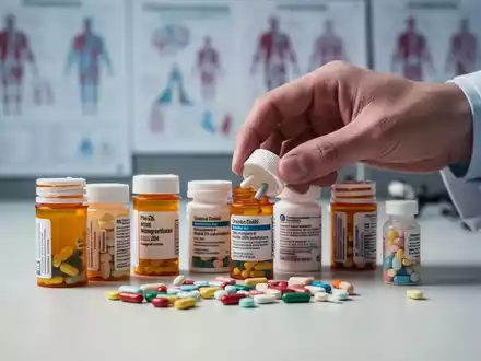 Eine Hand sortiert sorgfältig verschiedene verschreibungspflichtige Medikamentenflaschen und Pillen auf einer sauberen Oberfläche. - Foto: über boerse-global.de