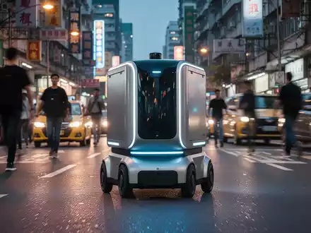 Autonomer Lieferroboter auf belebter Stadtstraße, Symbol für das Wachstum der Robotik in Logistik und Arbeit. - Foto: über boerse-global.de