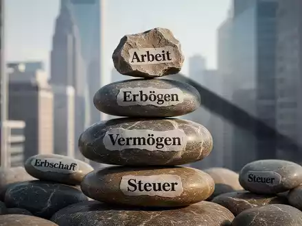 Ein Stapel von polierten Flusssteinen, beschriftet mit Finanzbegriffen wie 'Vermögen' und 'Erbschaft', mit einem kleineren, rauen Stein mit 'Arbeit' obenauf. - Foto: über boerse-global.de
