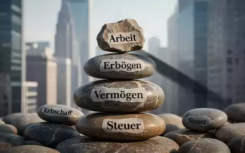 Ein Stapel von polierten Flusssteinen, beschriftet mit Finanzbegriffen wie 'Vermögen' und 'Erbschaft', mit einem kleineren, rauen Stein mit 'Arbeit' obenauf. - Foto: über boerse-global.de