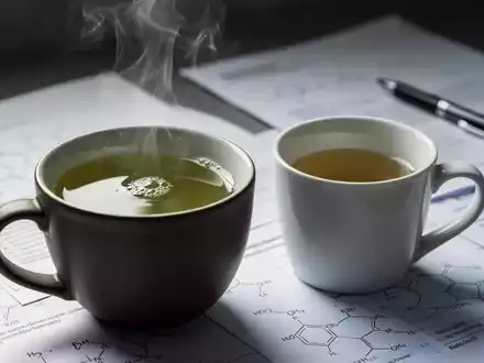 Eine Tasse grüner Tee und eine Tasse Kaffee auf einem Tisch mit verschwommenen Forschungsdokumenten im Hintergrund, die natürliche Konzentration symbolisieren. - Foto: über boerse-global.de