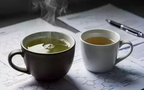 Eine Tasse grüner Tee und eine Tasse Kaffee auf einem Tisch mit verschwommenen Forschungsdokumenten im Hintergrund, die natürliche Konzentration symbolisieren. - Foto: über boerse-global.de