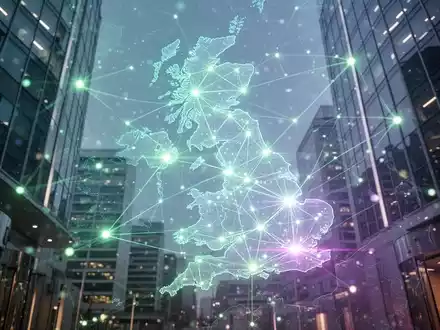Ein stilisiertes, leuchtendes digitales Netzwerk überlagert eine subtile Karte des Vereinigten Königreichs, das Peppol-Mandat symbolisierend. - Foto: über boerse-global.de