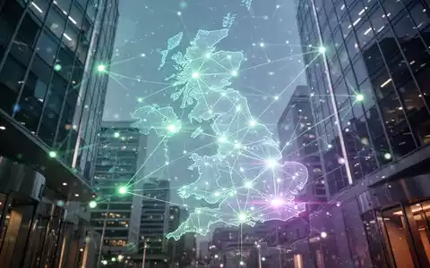 Ein stilisiertes, leuchtendes digitales Netzwerk überlagert eine subtile Karte des Vereinigten Königreichs, das Peppol-Mandat symbolisierend. - Foto: über boerse-global.de