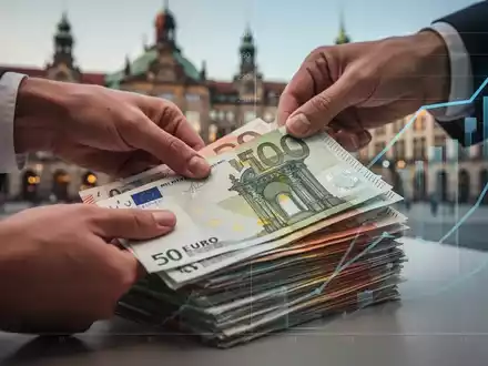 Hände sortieren Euro-Banknoten, im Hintergrund verschwommene Stadtgebäude und ein Diagramm, das finanzielles Wachstum andeutet. - Foto: über boerse-global.de