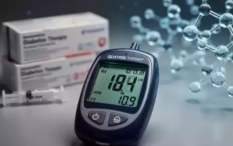 Ein Glukosemessgerät zeigt einen stabilen Blutzuckerwert an, im Hintergrund verschwommene Medikamentenverpackungen und Insulinmoleküle. - Foto: über boerse-global.de