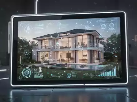 Digitaler Bilderrahmen mit KI-generiertem Hausbild, dezenten UI-Elementen und Datenpunkten. - Foto: über boerse-global.de