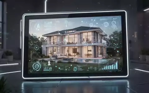 Digitaler Bilderrahmen mit KI-generiertem Hausbild, dezenten UI-Elementen und Datenpunkten. - Foto: über boerse-global.de