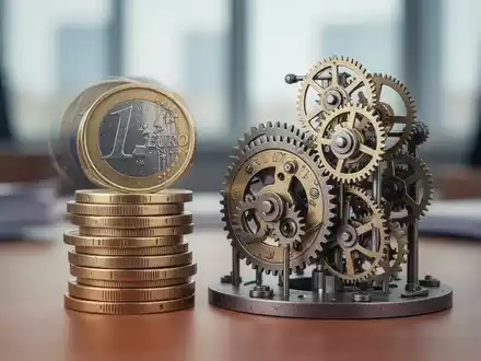 Ein Stapel Euro-Münzen neben einem System kleiner Zahnräder, das die Komplexität der Rentenreform und Finanzierung symbolisiert. - Foto: über boerse-global.de