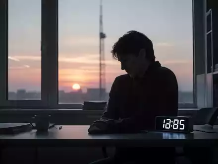Eine Person als Silhouette vor einem Fenster bei Sonnenaufgang, die Müdigkeit ausstrahlt. Ein digitaler Wecker zeigt eine frühe Stunde an. - Foto: über boerse-global.de