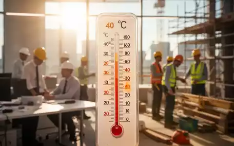 Ein Thermometer zeigt hohe Temperaturen an, im Hintergrund verschwommen arbeitende Personen in einem Büro oder auf einer Baustelle bei Sonnenlicht. - Foto: über boerse-global.de