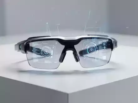 Schlanke, leichte AR-Brille mit dezenter Digitalanzeige auf den Gläsern, auf weißer Fläche. - Foto: über boerse-global.de