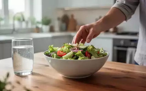 Eine Hand greift nach einer Schale mit frischem Salat, daneben ein Glas Wasser, in einer hellen Küche. - Foto: über boerse-global.de