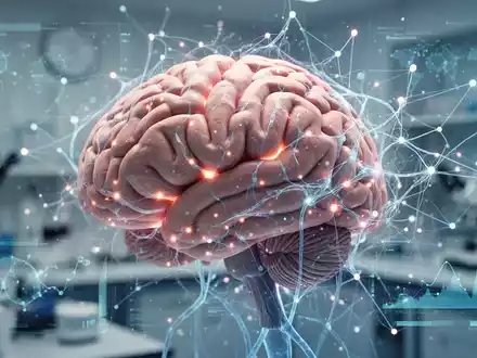 Ein stilisiertes menschliches Gehirn mit leuchtenden Neuronen und digitalen Datenüberlagerungen, das medizinische Forschung und Technologie symbolisiert. - Foto: über boerse-global.de