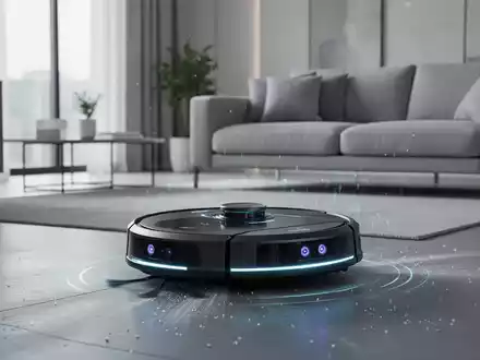 Ein futuristischer Saugroboter reinigt ein modernes Wohnzimmer, ausgestattet mit Kameras und Sensoren, die KI-Funktionen andeuten. - Foto: über boerse-global.de
