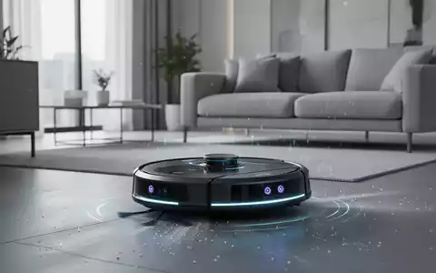 Ein futuristischer Saugroboter reinigt ein modernes Wohnzimmer, ausgestattet mit Kameras und Sensoren, die KI-Funktionen andeuten. - Foto: über boerse-global.de