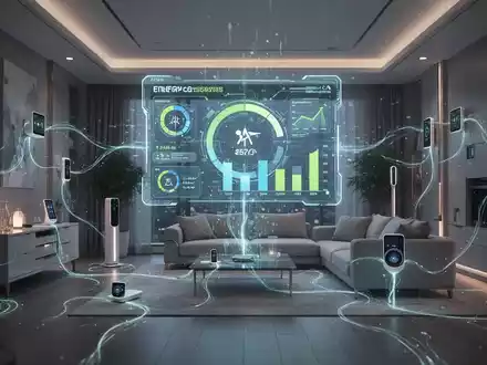 Ein futuristisches Smart Home-Interieur mit holografischem Display, das Echtzeit-Energiedaten und KI-gesteuertes Energiemanagement zeigt. - Foto: über boerse-global.de