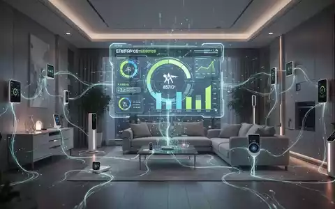 Ein futuristisches Smart Home-Interieur mit holografischem Display, das Echtzeit-Energiedaten und KI-gesteuertes Energiemanagement zeigt. - Foto: über boerse-global.de