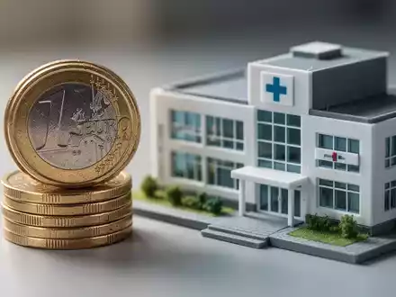 Ein Stapel Euro-Münzen neben einem kleinen Modell eines Krankenhauses, das die Finanzierung des Gesundheitswesens symbolisiert. - Foto: über boerse-global.de