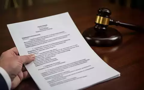 Eine Nahaufnahme einer Hand, die ein juristisches Dokument mit verschwommenem Text hält, mit einem Hammer auf einem dunklen Holztisch im Hintergrund. - Foto: über boerse-global.de
