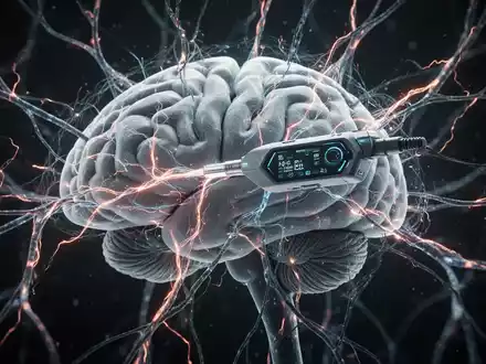 Ein abstraktes Bild eines menschlichen Gehirns mit leuchtenden neuronalen Verbindungen, die Deep Brain Stimulation und Gehirn-Remodellierung symbolisieren. - Foto: über boerse-global.de