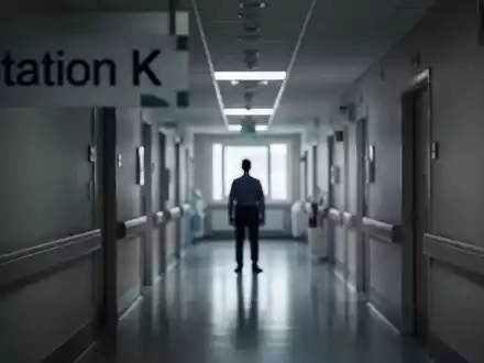 Ein leicht verschwommener Krankenhausflur mit einem Schild 'Station K' und einer einzelnen, silhouettierten Person, die Unsicherheit und Schließung symbolisiert. - Foto: über boerse-global.de