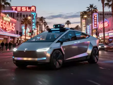 Ein futuristischer Tesla Cybercab, ein autonomes Fahrzeug ohne Lenkrad oder Pedale, fährt durch eine neonbeleuchtete Straße in Las Vegas. - Foto: über boerse-global.de