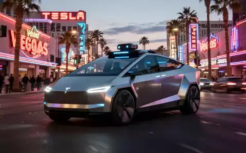 Ein futuristischer Tesla Cybercab, ein autonomes Fahrzeug ohne Lenkrad oder Pedale, fährt durch eine neonbeleuchtete Straße in Las Vegas. - Foto: über boerse-global.de