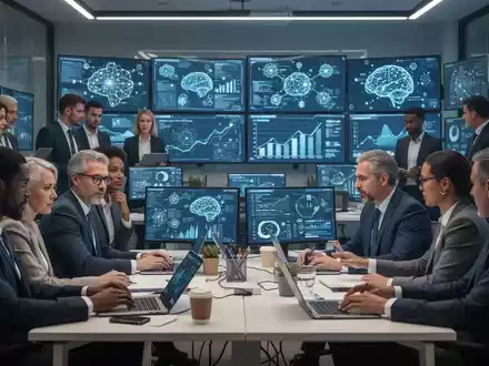 Eine Gruppe von Fachleuten, die in einem modernen Büro an Computern und digitalen Bildschirmen arbeiten und zusammenarbeiten. - Foto: über boerse-global.de