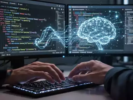Entwicklerhände tippen auf Tastatur, im Hintergrund abstrakte KI-Code- und Modellvisualisierung auf Bildschirm. - Foto: über boerse-global.de