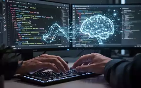 Entwicklerhände tippen auf Tastatur, im Hintergrund abstrakte KI-Code- und Modellvisualisierung auf Bildschirm. - Foto: über boerse-global.de
