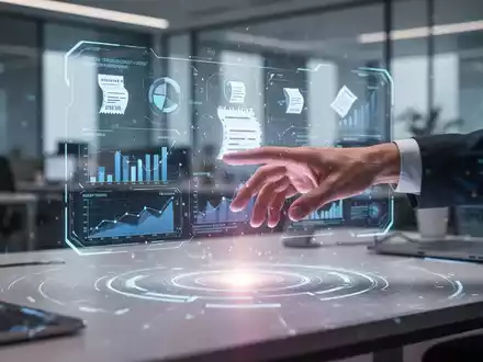 Eine Hand interagiert mit einer holografischen Oberfläche, die Finanzdaten und Belege in einem modernen Büro anzeigt. - Foto: über boerse-global.de
