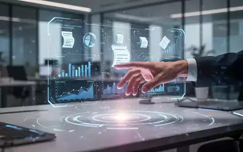 Eine Hand interagiert mit einer holografischen Oberfläche, die Finanzdaten und Belege in einem modernen Büro anzeigt. - Foto: über boerse-global.de