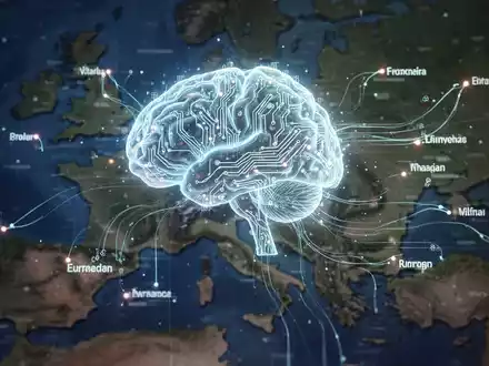 Leuchtendes Schaltkreis-Gehirn über Europa-Karte mit Datenströmen zwischen Städten, Symbol für KI und digitale Souveränität. - Foto: über boerse-global.de