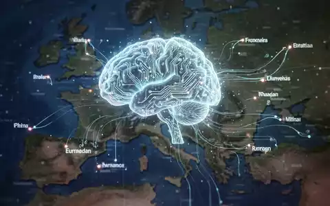 Leuchtendes Schaltkreis-Gehirn über Europa-Karte mit Datenströmen zwischen Städten, Symbol für KI und digitale Souveränität. - Foto: über boerse-global.de