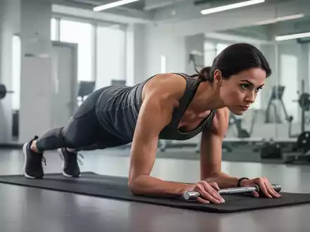 Eine Person führt eine Plank-Übung auf einer Fitnessmatte in einem modernen Fitnessstudio aus, konzentriert und in perfekter Form. - Foto: über boerse-global.de
