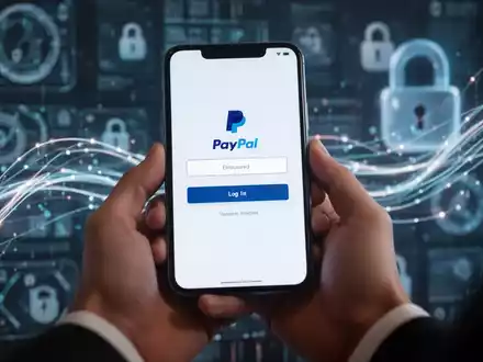 Nahaufnahme von Händen, die ein Smartphone mit gefälschter PayPal-Anmeldeseite halten, unscharfer Hintergrund mit digitalen Sicherheitsgrafiken. - Foto: über boerse-global.de
