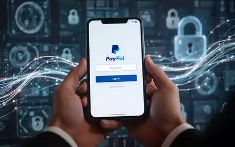 Nahaufnahme von Händen, die ein Smartphone mit gefälschter PayPal-Anmeldeseite halten, unscharfer Hintergrund mit digitalen Sicherheitsgrafiken. - Foto: über boerse-global.de