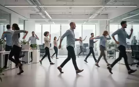 Büroangestellte machen eine aktive Gehpause in einem modernen Büroumfeld, strecken sich und gehen, um Müdigkeit zu reduzieren. - Foto: über boerse-global.de