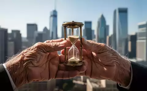 Nahaufnahme der Hände einer älteren Person, die eine Sanduhr hält, im Hintergrund eine unscharfe Stadtlandschaft. - Foto: über boerse-global.de