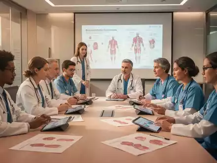 Gesundheitsfachkräfte in einem modernen Konferenzraum, die an einer Fortbildung teilnehmen, mit Tablets und Diagrammen auf dem Tisch. - Foto: über boerse-global.de
