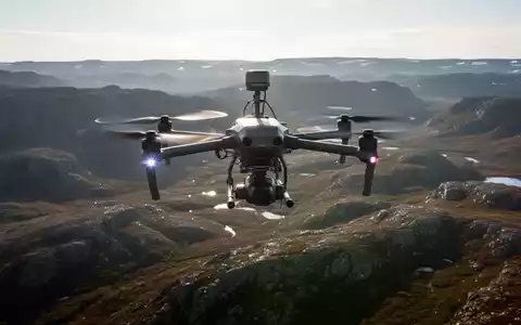 Eine Drohne fliegt über eine weite, unberührte Landschaft und führt eine Luftvermessung durch. - Foto: über boerse-global.de
