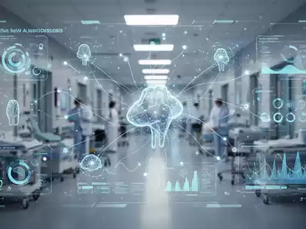 Digitale Schnittstelle mit Gesundheitsdaten und KI-Algorithmen, leuchtende Linien verbinden Datenpunkte. Modernes Krankenhaus im Hintergrund. - Foto: über boerse-global.de