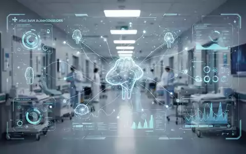 Digitale Schnittstelle mit Gesundheitsdaten und KI-Algorithmen, leuchtende Linien verbinden Datenpunkte. Modernes Krankenhaus im Hintergrund. - Foto: über boerse-global.de