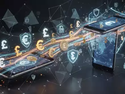 Digitale Währungssymbole fließen zwischen Handys und sicheren Netzwerken, symbolisieren moderne Zahlungen und Online-Banking-Innovation. - Foto: über boerse-global.de