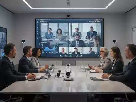 Ein modernes Konferenzzimmer mit einem großen Bildschirm, der ein Daten-Dashboard anzeigt, und einer Gruppe von Fachleuten in einem hybriden Meeting. - Foto: über boerse-global.de